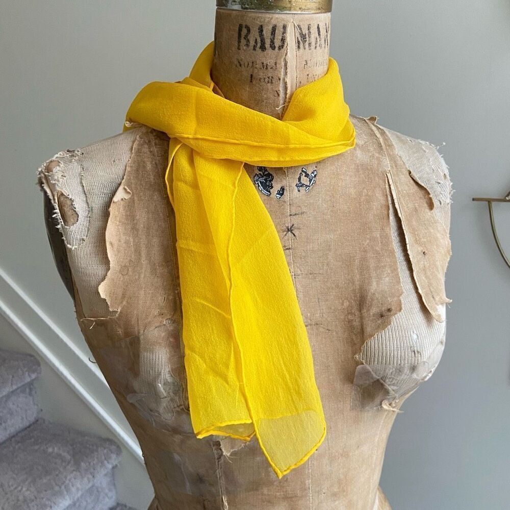 Vintage 1950s Glentex Bright Yellow Skinky Sheer 100% Silk Hand Rolled Edge Scar